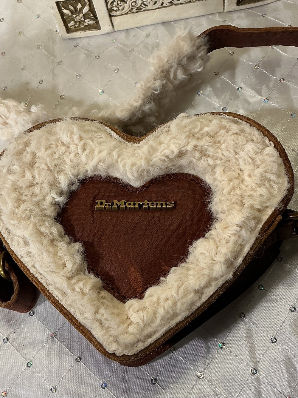 Dr Martens Brown Leather Heart-Shaped Crossbody with Cream Faux Shearling